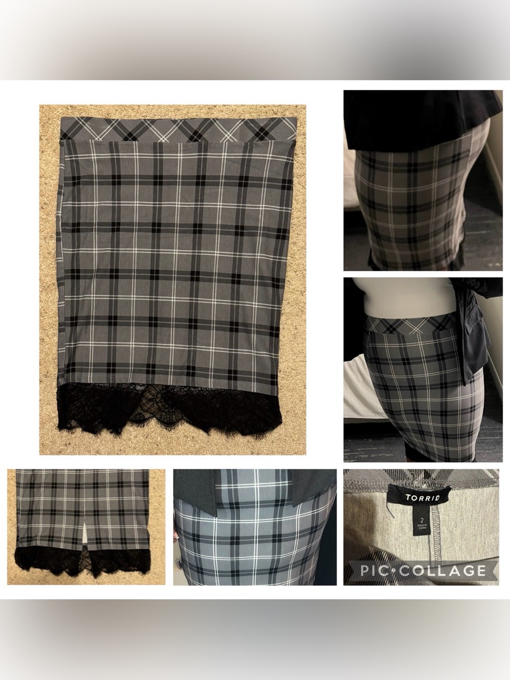 Torrid Gray & Black Plaid Pencil Skirt with Lace Trim (Torrid Size 2)